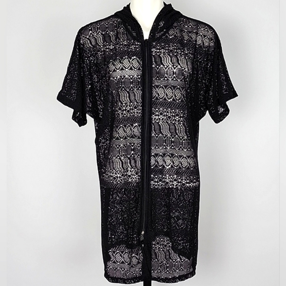 Beach Pool Cover-Up  Black Crochet Dress Hoodie Full Zip Up Short Sleeves Sz S/M